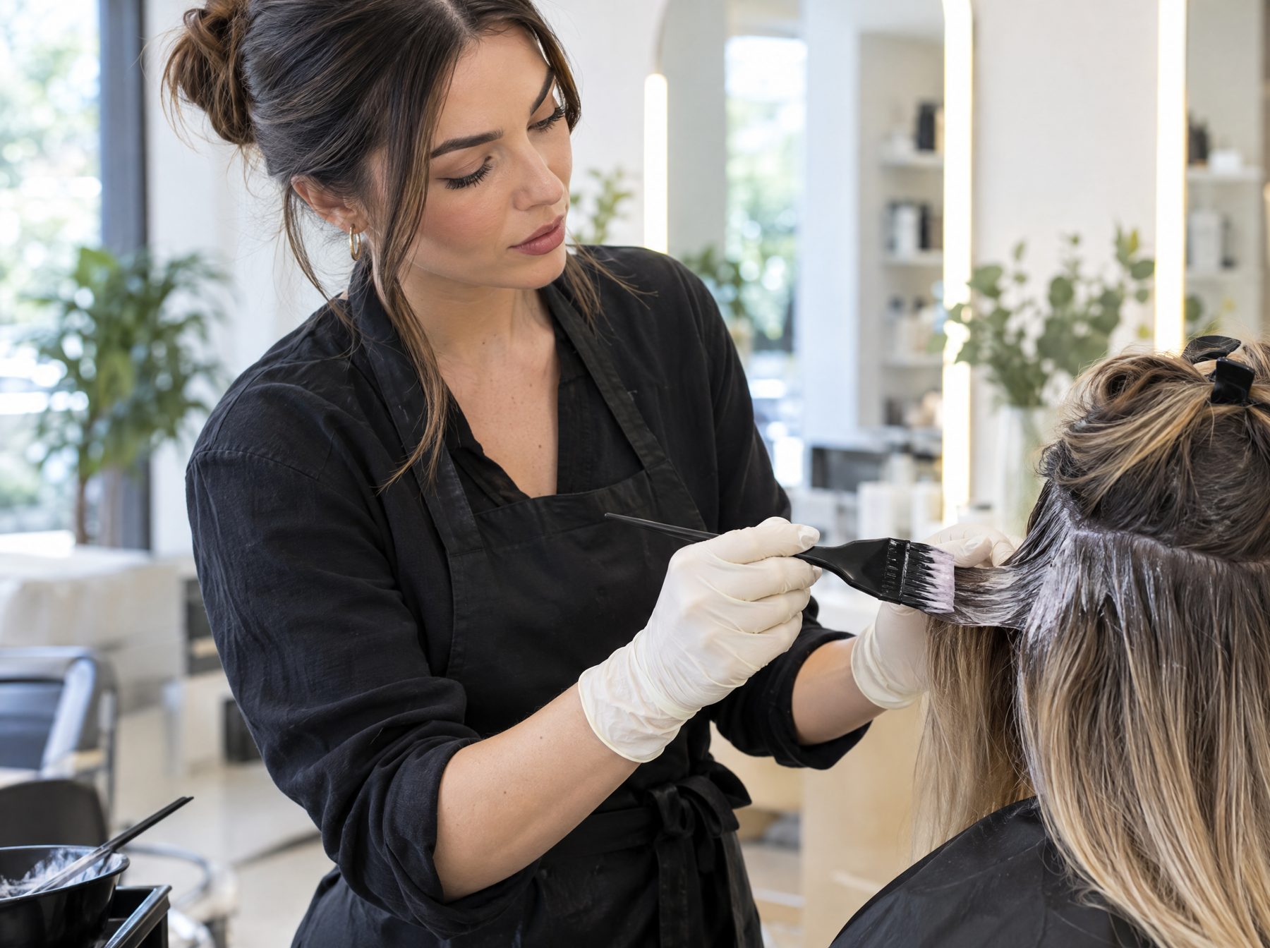 Hair colourist wearing nitrile gloves