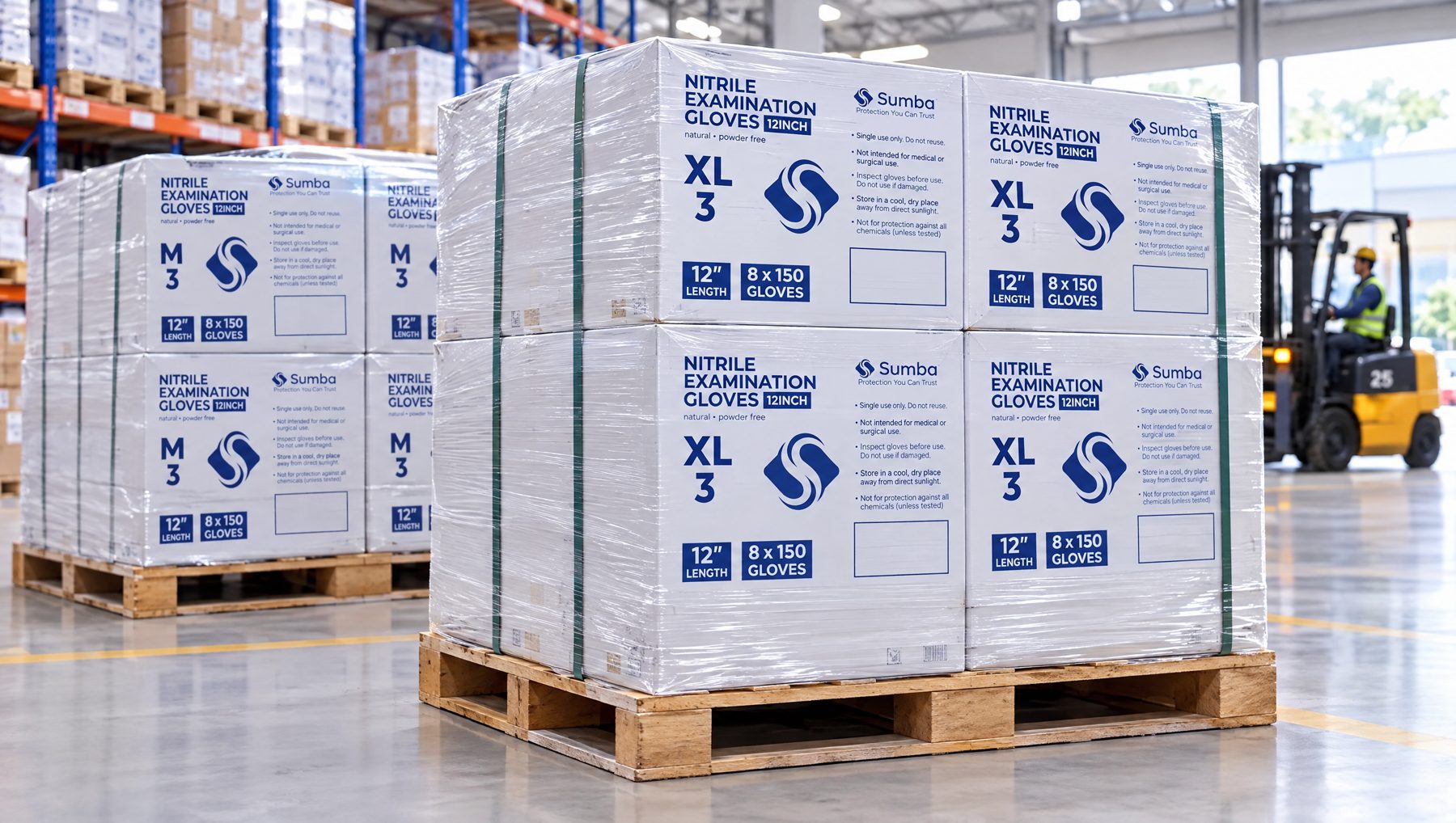 Palletised Sumba glove cartons in warehouse